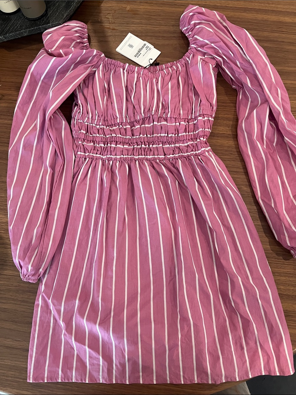 Girls Pink Striped Long-Sleeve Smocked Dress